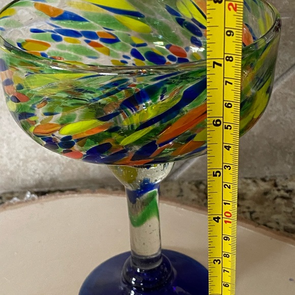 Mexico Mouth Blown Confetti Cobalt Blue Stem Base Margarita Glass Thick Heavy - Picture 9 of 14